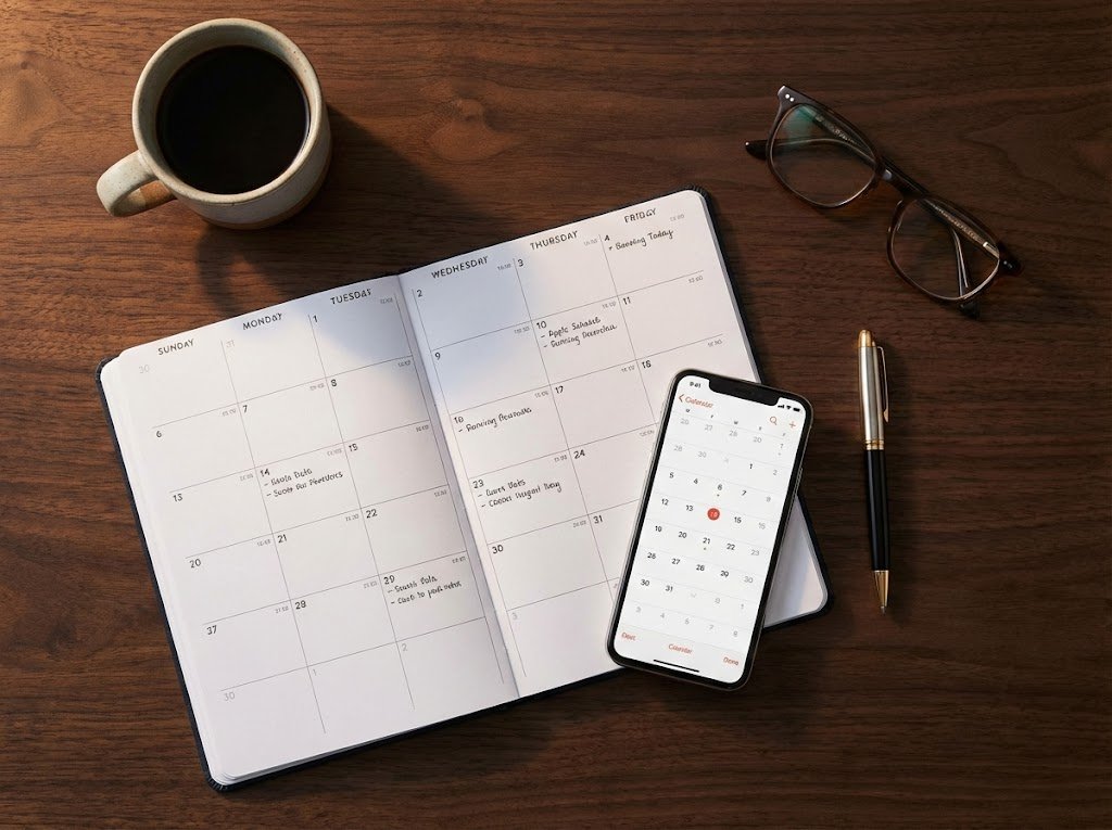Planning calendar and notebook representing scheduling your business development
