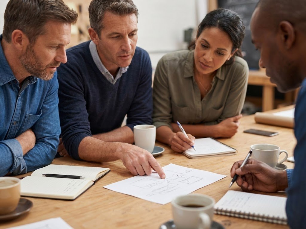 Small group of professionals collaborating and discussing business strategies